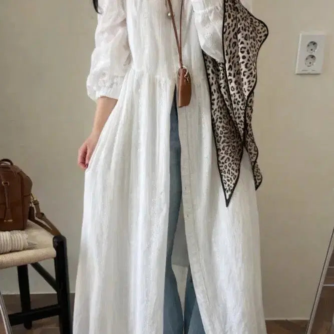 [BUNJANG] Women's Floral Embroidered Lace Long Shirt Dress / 여성 봄 레이스 플라워 꽃 자수 펀칭 롱 셔츠 루즈핏 오버핏 원피스