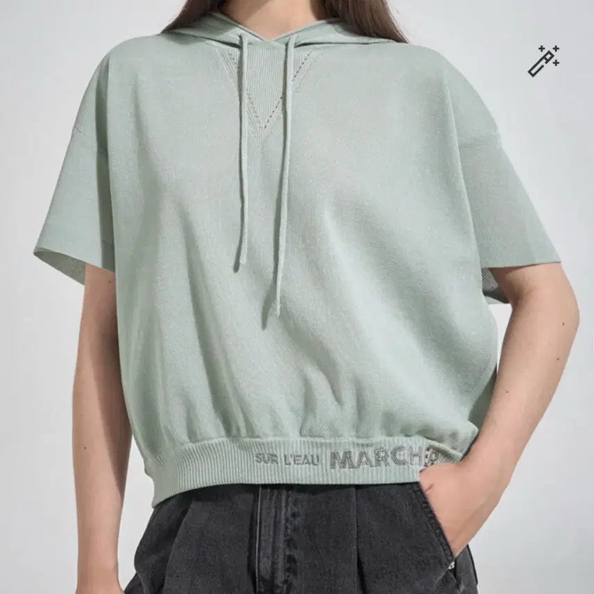 [BUNJANG] System Lettering Embroidered Hoodie Knit Top / 22년 한섬 시스템 SYSTEM 레터링 자수 후드 니트 탑 반팔돌먼 차콜