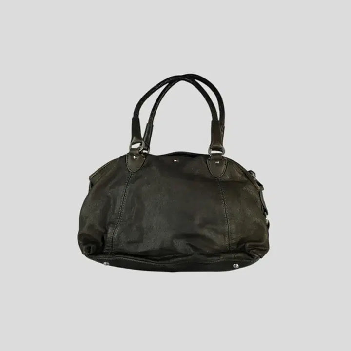 [SOLD OUT] 타미힐피거 에이징 브라운 스틸로고 Y2K 리얼레더 소가죽 토트백 숄더백