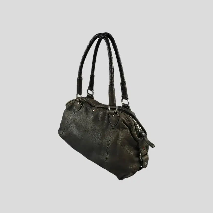 [SOLD OUT] 타미힐피거 에이징 브라운 스틸로고 Y2K 리얼레더 소가죽 토트백 숄더백