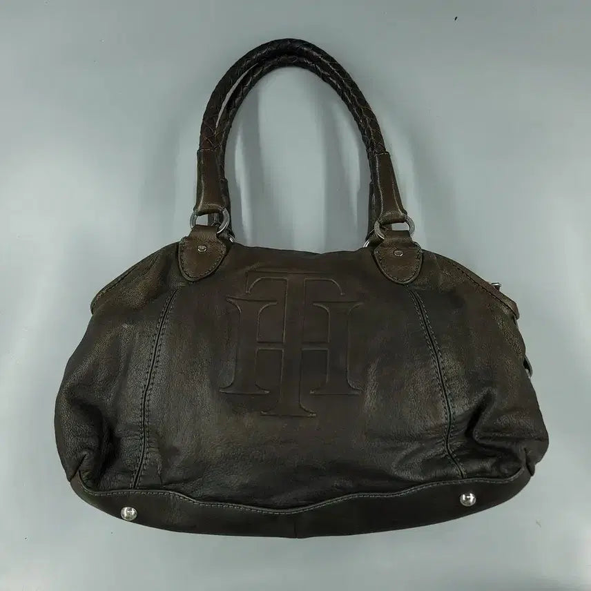 [SOLD OUT] 타미힐피거 에이징 브라운 스틸로고 Y2K 리얼레더 소가죽 토트백 숄더백