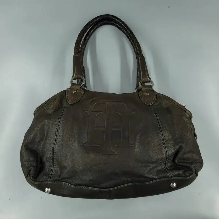 [SOLD OUT] 타미힐피거 에이징 브라운 스틸로고 Y2K 리얼레더 소가죽 토트백 숄더백