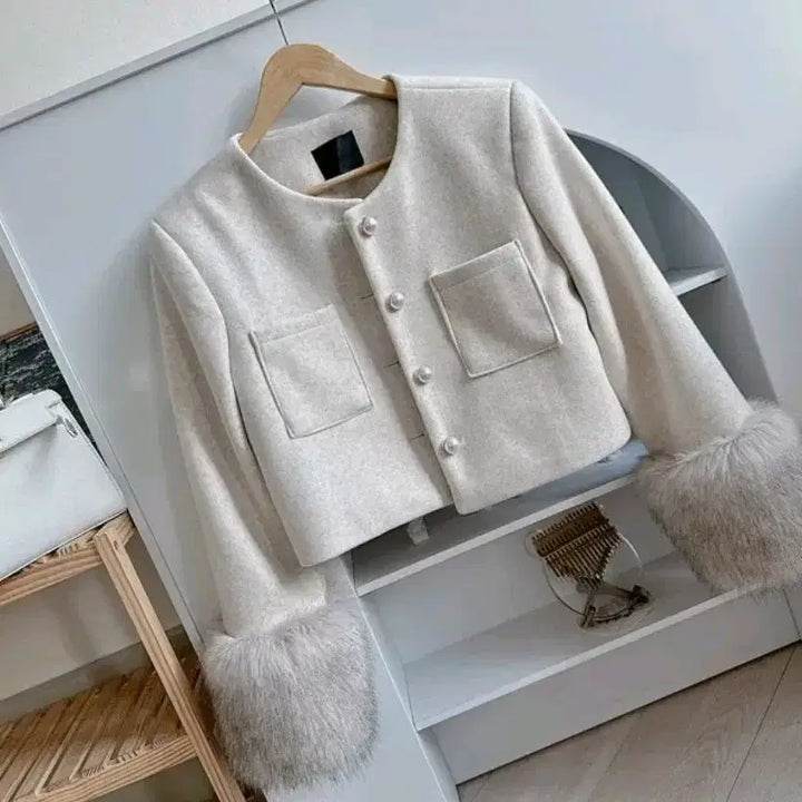 [BUNJANG] Tweed Jacket with Faux Fur Sleeves / 소매 퍼 트위드 자켓 (울50%)