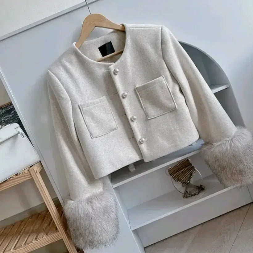 [BUNJANG] Tweed Jacket with Faux Fur Sleeves / 소매 퍼 트위드 자켓 (울50%)