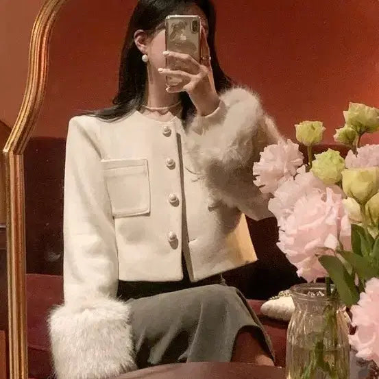 [BUNJANG] Tweed Jacket with Faux Fur Sleeves / 소매 퍼 트위드 자켓 (울50%)