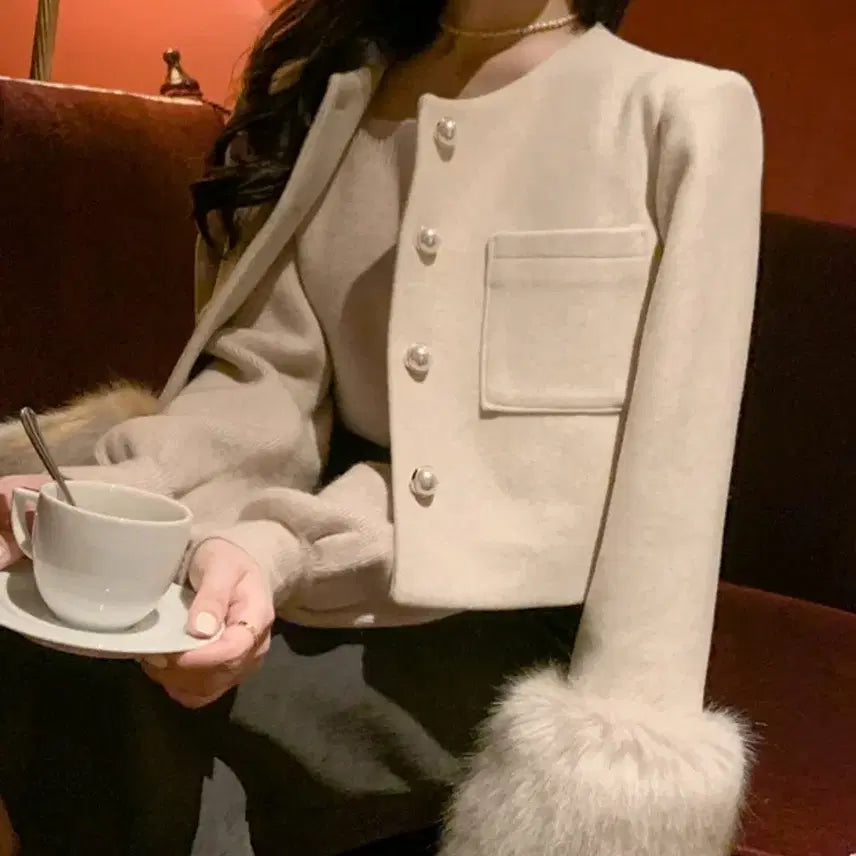 [BUNJANG] Tweed Jacket with Faux Fur Sleeves / 소매 퍼 트위드 자켓 (울50%)