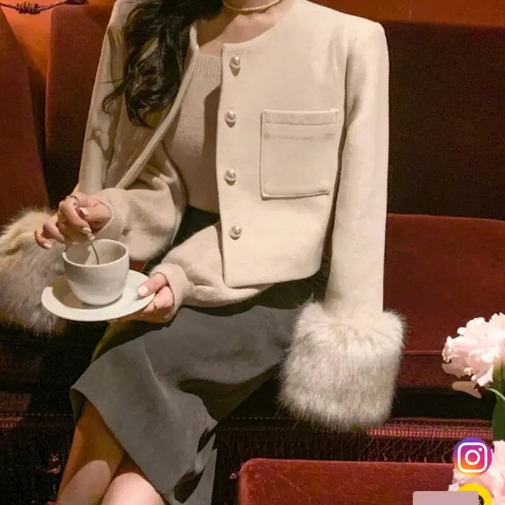 [BUNJANG] Tweed Jacket with Faux Fur Sleeves / 소매 퍼 트위드 자켓 (울50%)