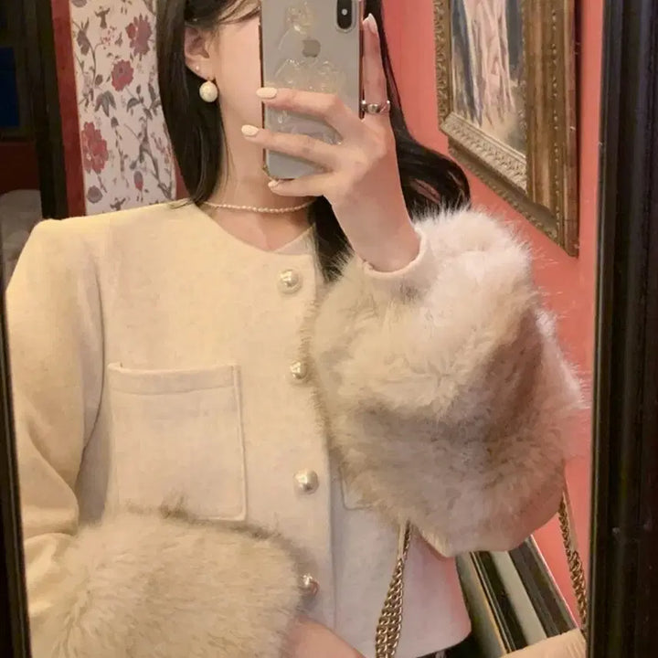 [BUNJANG] Tweed Jacket with Faux Fur Sleeves / 소매 퍼 트위드 자켓 (울50%)