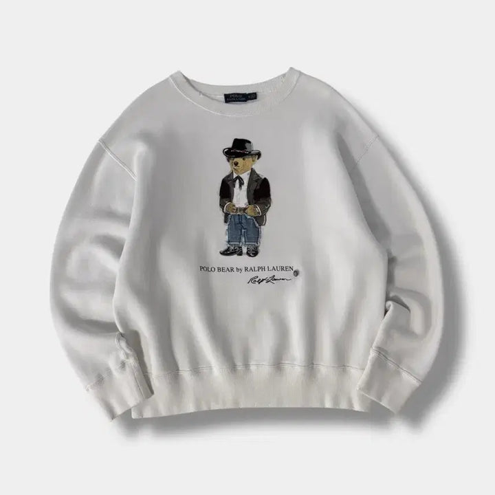 [BUNJANG] Polo Ralph Lauren Cowboy Polo Bear White Sweatshirt / 폴로 랄프로렌 루즈핏 신형 카우보이 폴로베어 화이트 스웻 맨투맨