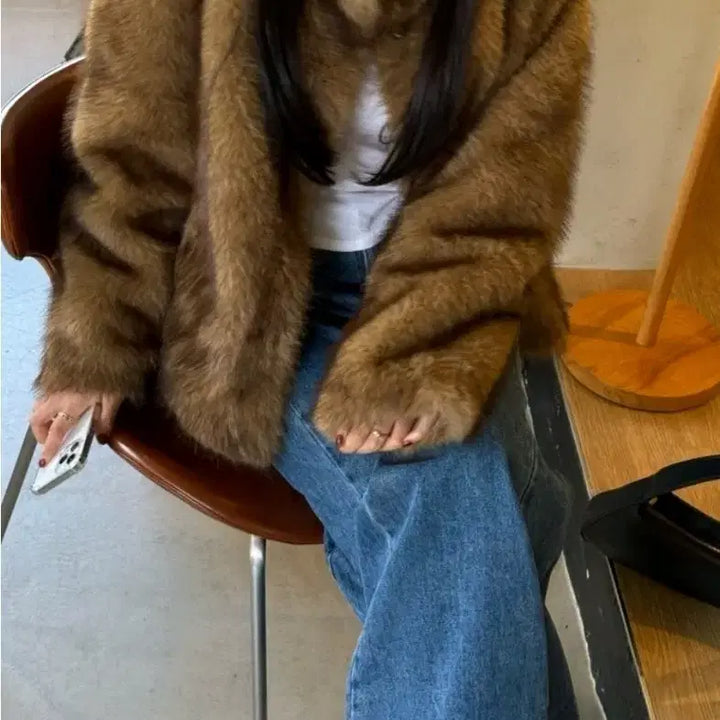 [BUNJANG] Luxury Fox Faux Fur Jacket - Brown / 럭셔리 폭스 페이크 퍼 자켓