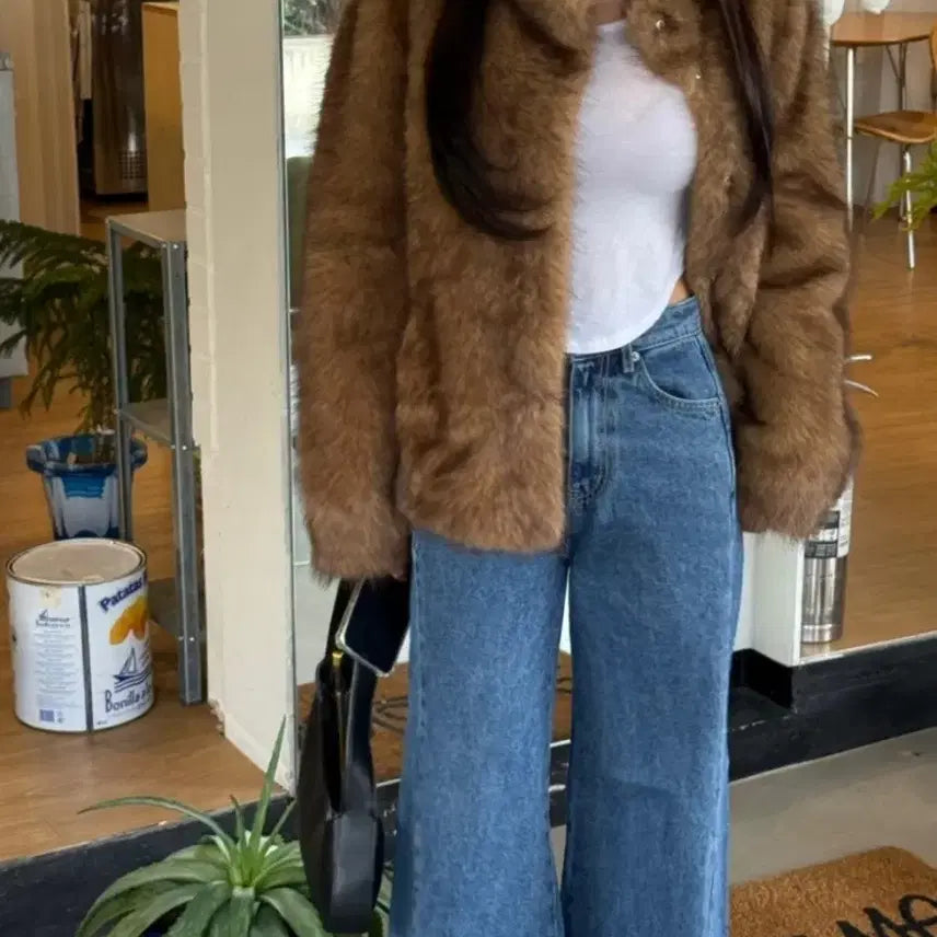 [BUNJANG] Luxury Fox Faux Fur Jacket - Brown / 럭셔리 폭스 페이크 퍼 자켓