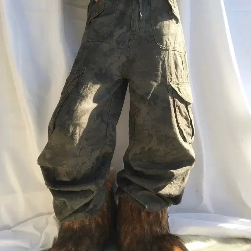 [BUNJANG] Vintage Khaki Pattern Wide Cargo Pants / 빈티지 카키 패턴 와이드 카고 팬츠 무배