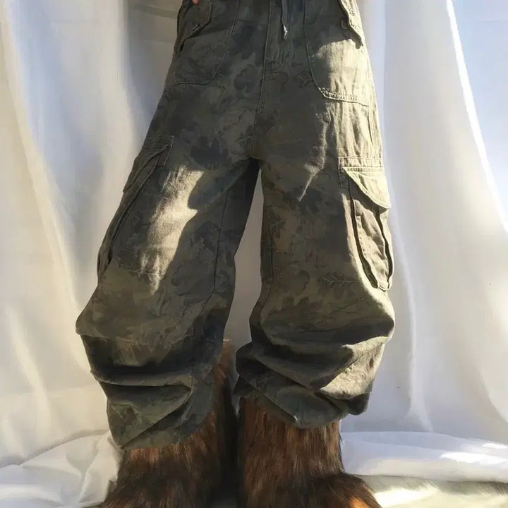 [BUNJANG] Vintage Khaki Pattern Wide Cargo Pants / 빈티지 카키 패턴 와이드 카고 팬츠 무배