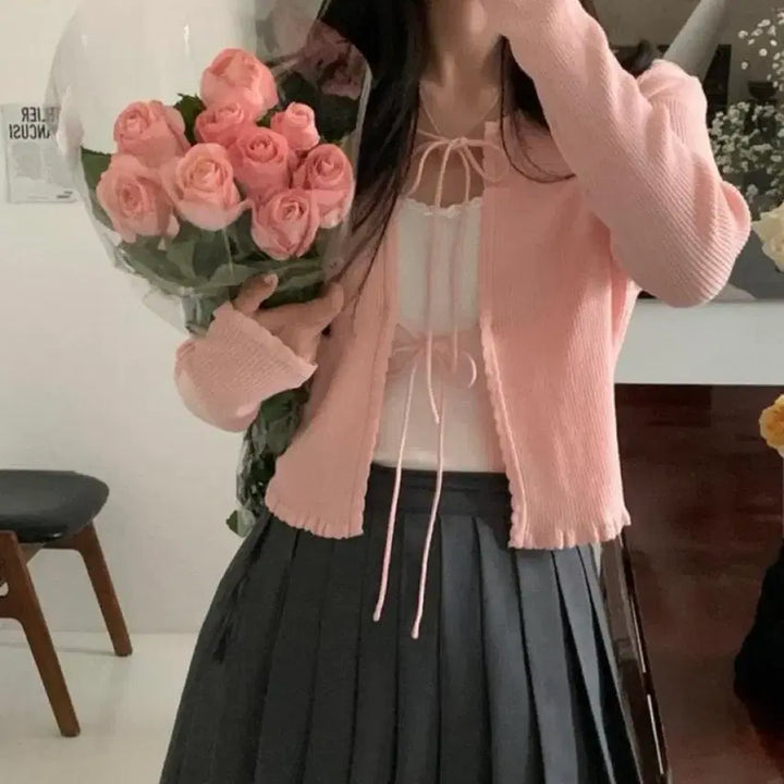 [BUNJANG] Come Here Peter & Wendy Blurry Ribbon Frill Cardigan / <컴히얼 피터앤웬디 블러리 리본 프릴 골지 가디건 팔아요!!>