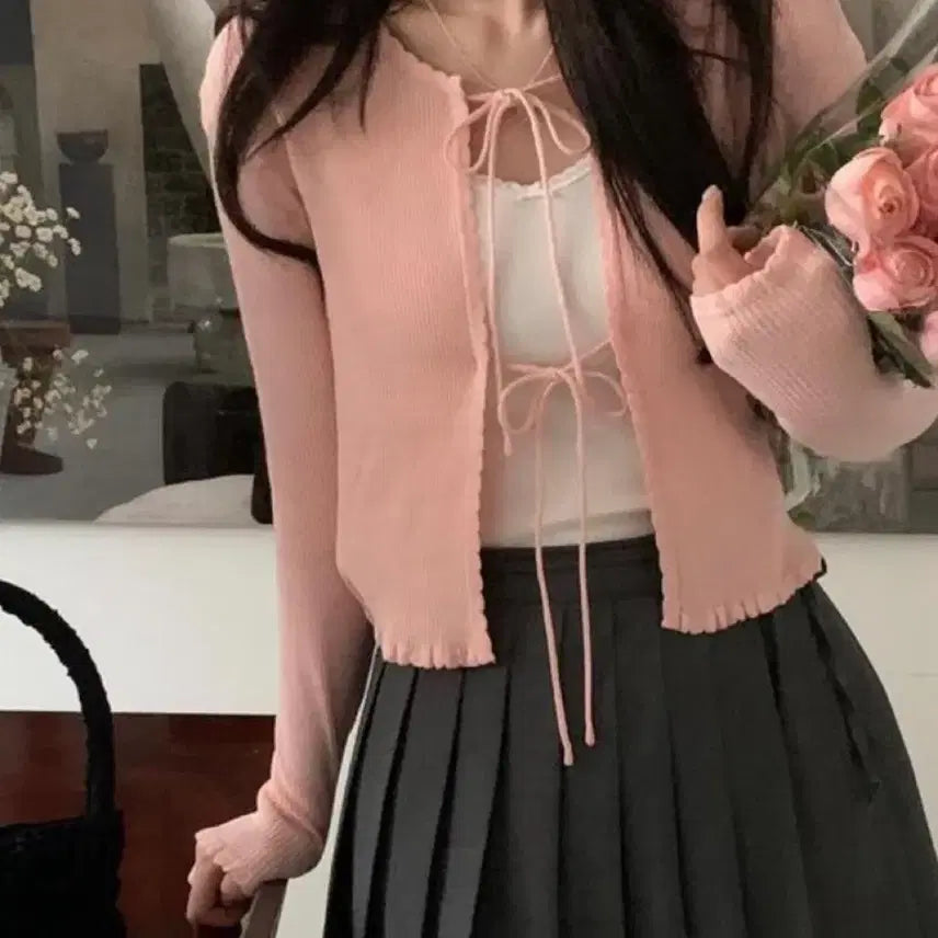 [BUNJANG] Come Here Peter & Wendy Blurry Ribbon Frill Cardigan / <컴히얼 피터앤웬디 블러리 리본 프릴 골지 가디건 팔아요!!>