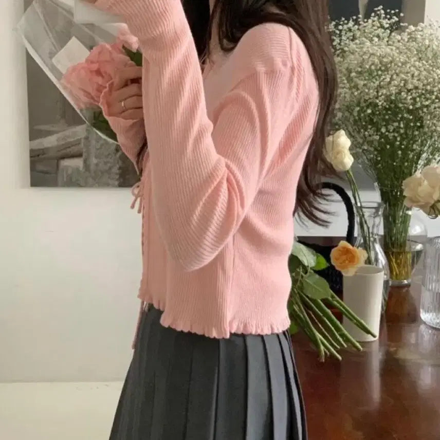 [BUNJANG] Come Here Peter & Wendy Blurry Ribbon Frill Cardigan / <컴히얼 피터앤웬디 블러리 리본 프릴 골지 가디건 팔아요!!>