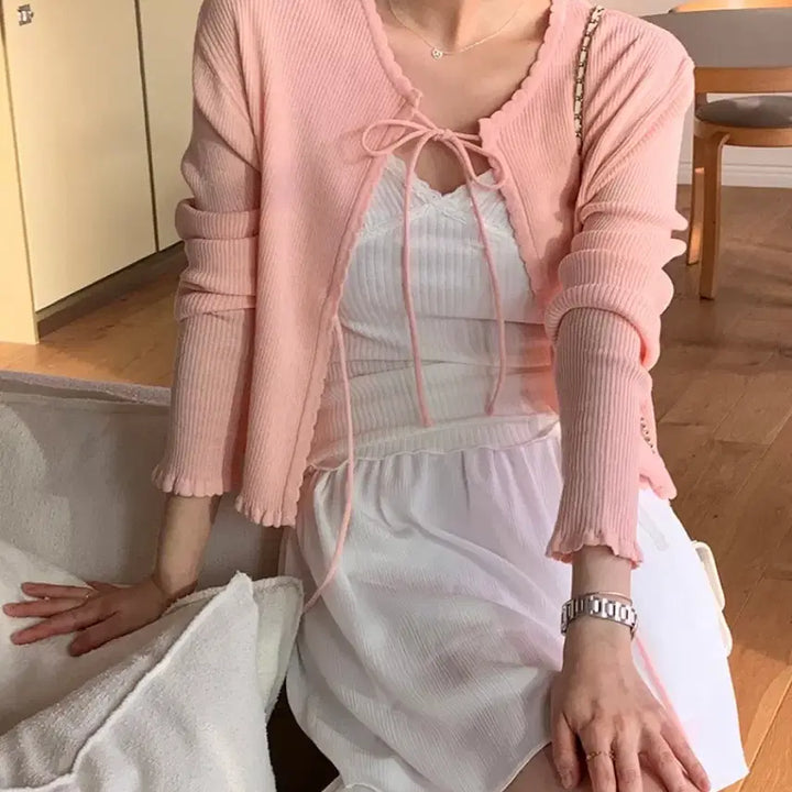 [BUNJANG] Come Here Peter & Wendy Blurry Ribbon Frill Cardigan / <컴히얼 피터앤웬디 블러리 리본 프릴 골지 가디건 팔아요!!>
