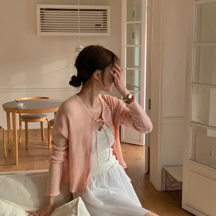[BUNJANG] Come Here Peter & Wendy Blurry Ribbon Frill Cardigan / <컴히얼 피터앤웬디 블러리 리본 프릴 골지 가디건 팔아요!!>
