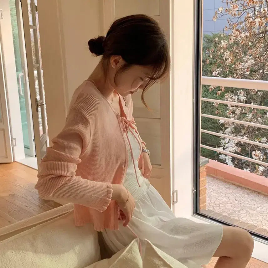[BUNJANG] Come Here Peter & Wendy Blurry Ribbon Frill Cardigan / <컴히얼 피터앤웬디 블러리 리본 프릴 골지 가디건 팔아요!!>