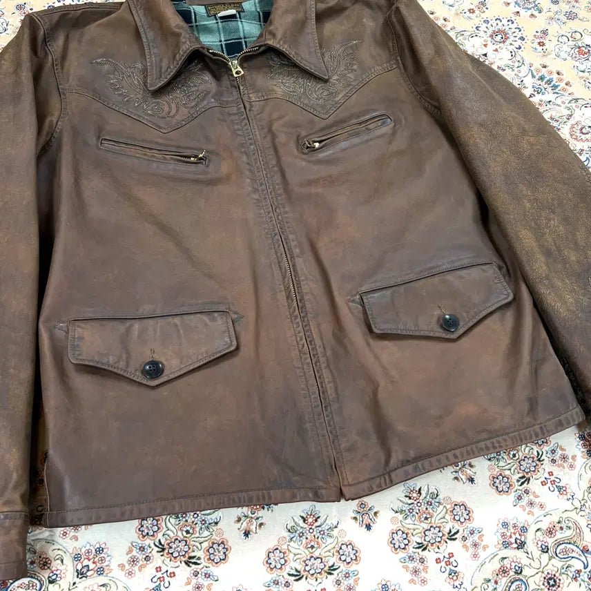 [BUNJANG] RRL Western Style Embroidered Leather Jacket / [A+등급 L] RRL 더블알엘 웨스턴스타일 자수 토바코브라운 레더자켓