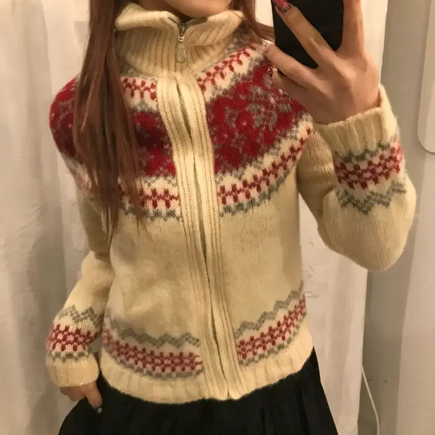 [BUNJANG] JPN Vintage Argyle Knit Zip-up / JPN Vintage 모리걸 아가일 니트 집업