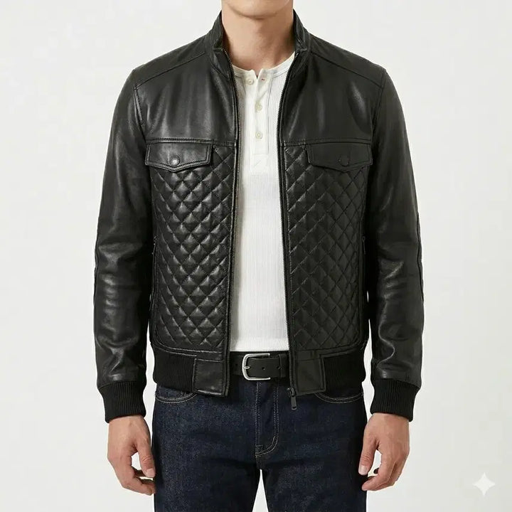 [BUNJANG] Emporio Armani Lambskin Quilted Mix Bomber Jacket / 엠포리오 아르마니 정품 양가죽 퀼팅 믹스 봄버 자켓 (100)