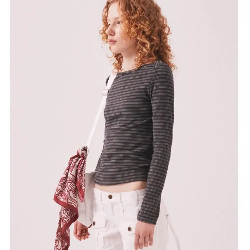 [BUNJANG] Mina's Striped Boat Neck Top / 미나수 스트라이프 보트넥 상의 카키