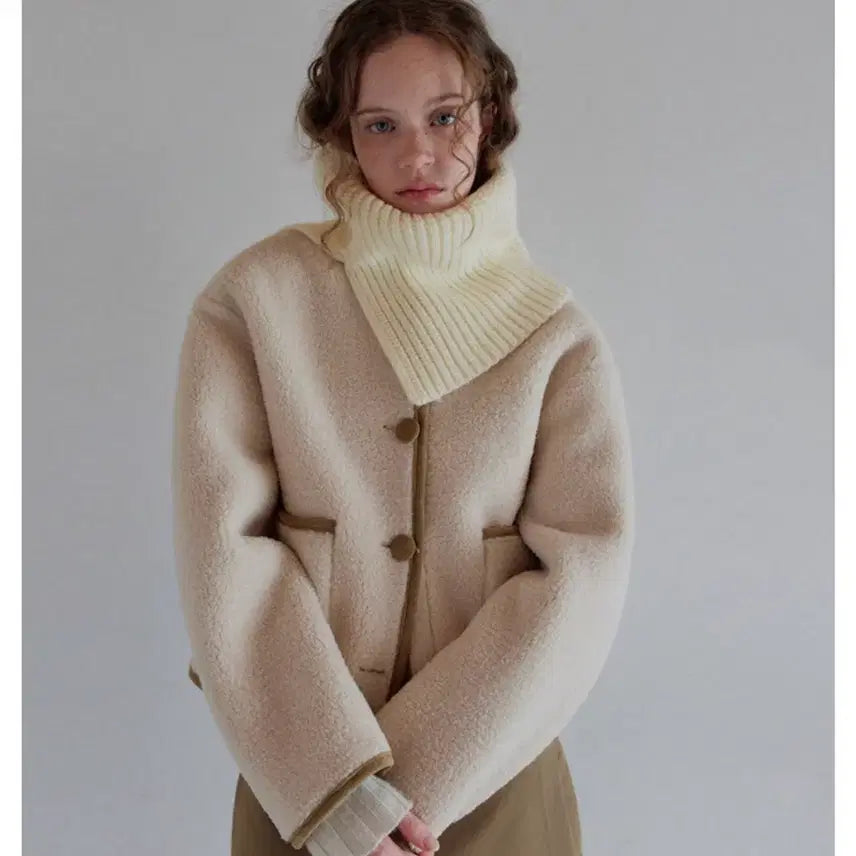 [BUNJANG] Ivory Sherpa Lined Mustang Jacket / (새상품) 아이보리 뽀글이 무스탕 안감 자켓