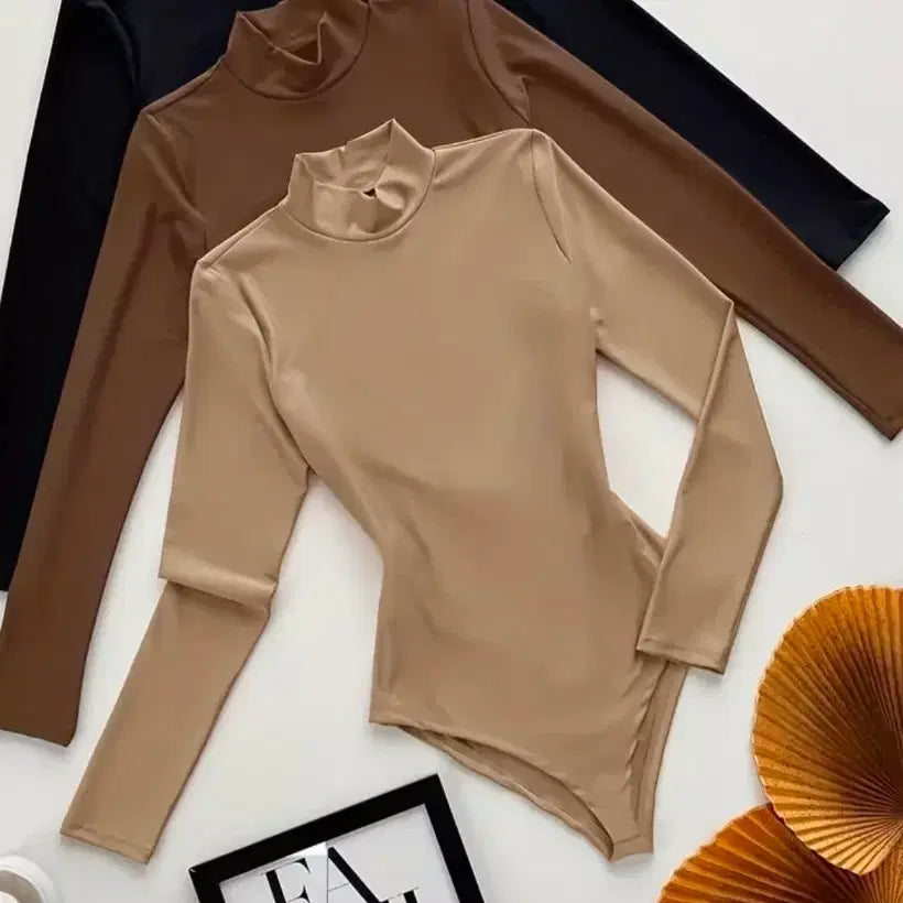 [BUNJANG] Body Suit Set / 긴팔 목폴라 바디수트 블랙/브라운/베이지