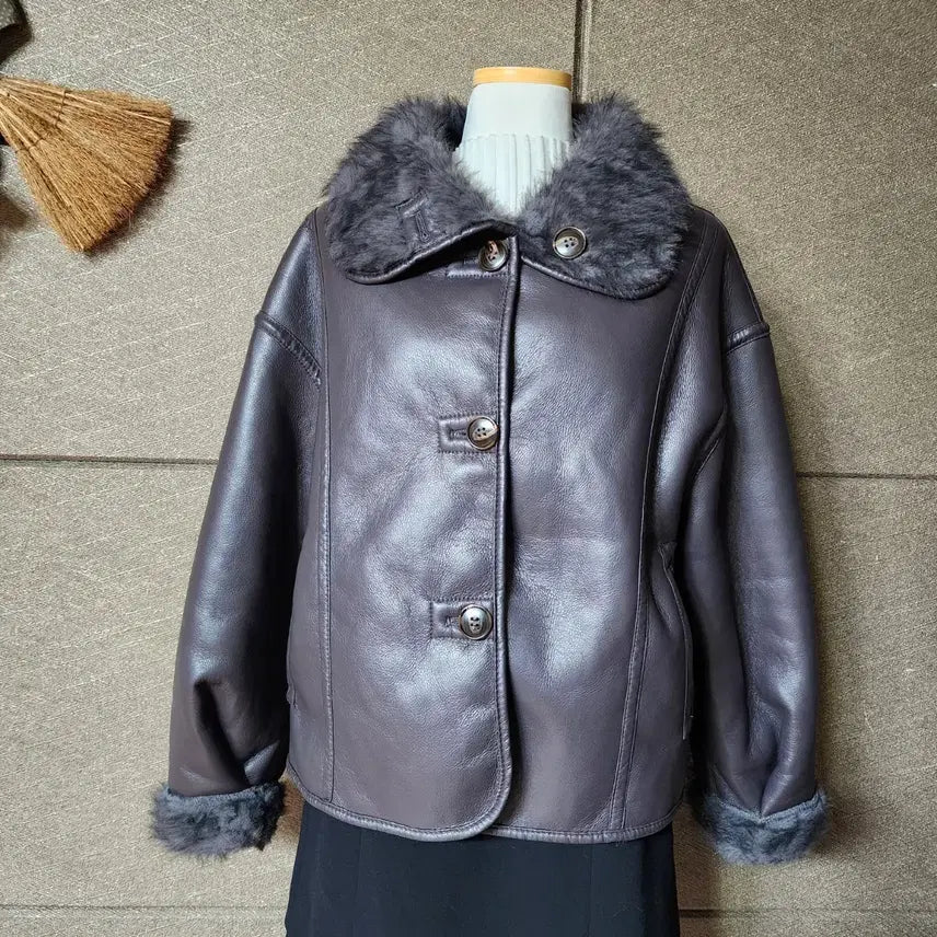 [BUNJANG] Brown Fur Collar Faux Leather Jacket / 브라운 퍼 카라 레더 자켓ㅡ새상품