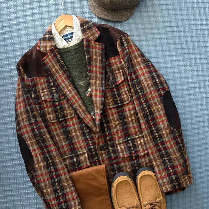 [BUNJANG] Beanpole Red Plaid Pocket Elbow Patch Jacket / 빈폴 레드 플래드 포켓 엘보우패치 자켓