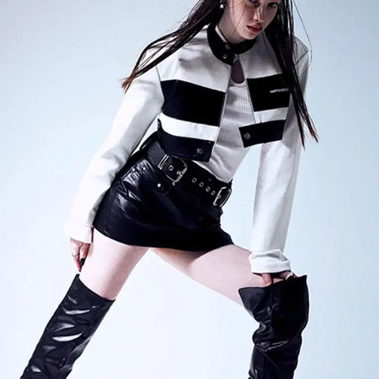 [BUNJANG] notknowing Cropped Leather Racing Jacket / 택붙은 미사용 notknowing 낫노잉 크롭 레더 레이싱 가죽 자켓