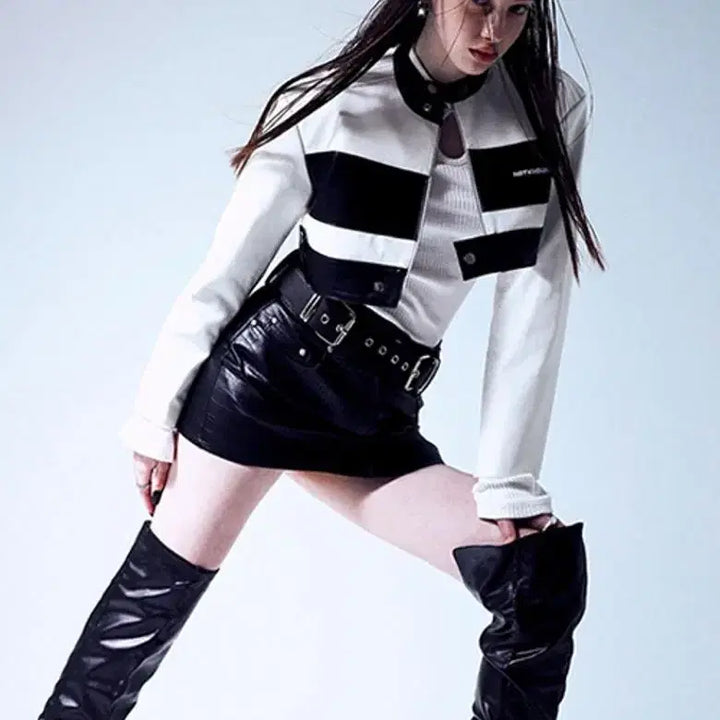 [BUNJANG] notknowing Cropped Leather Racing Jacket / 택붙은 미사용 notknowing 낫노잉 크롭 레더 레이싱 가죽 자켓