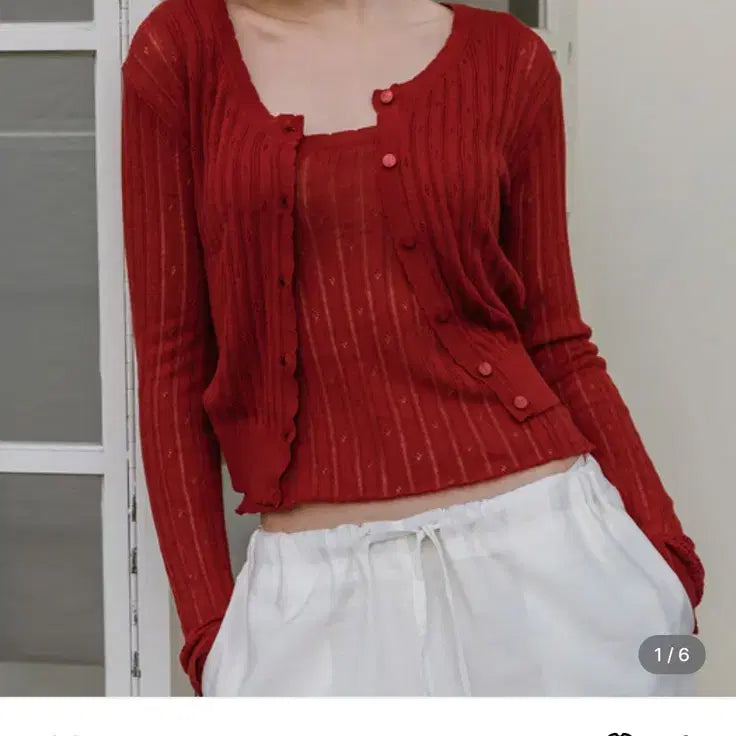[BUNJANG] Teenit Punching Lace Knit Cardigan - Red / 틴닛 펀칭 레이스 니트 가디건 레드(punching lace knit c