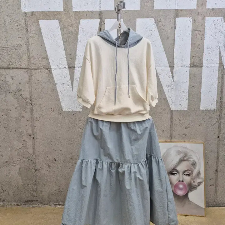 [SOLD OUT] 후드 반팔티셔츠배색 바스락 롱원피스(TS2