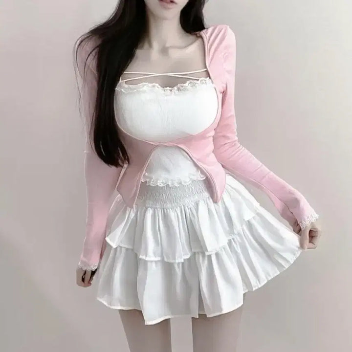 [BUNJANG] Cap Sleeves Lace Layered Tank Top Cardigan / 캡나시 레이스 레이어드 나시 가디건 티