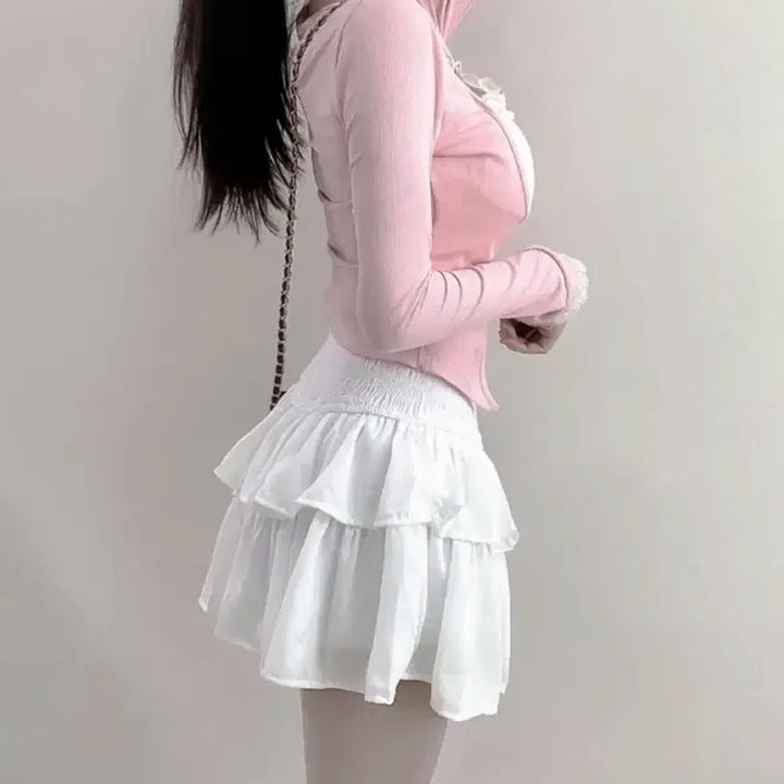 [BUNJANG] Cap Sleeves Lace Layered Tank Top Cardigan / 캡나시 레이스 레이어드 나시 가디건 티