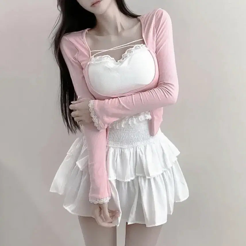 [BUNJANG] Cap Sleeves Lace Layered Tank Top Cardigan / 캡나시 레이스 레이어드 나시 가디건 티