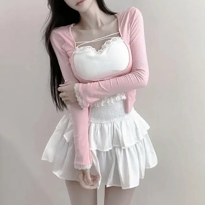 [BUNJANG] Cap Sleeves Lace Layered Tank Top Cardigan / 캡나시 레이스 레이어드 나시 가디건 티