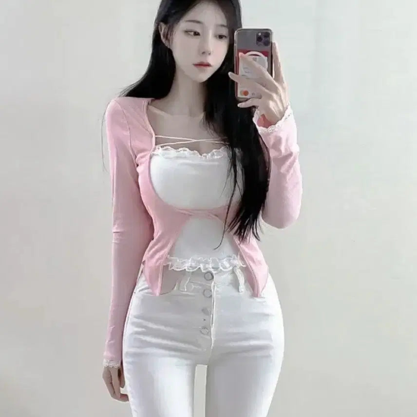 [BUNJANG] Cap Sleeves Lace Layered Tank Top Cardigan / 캡나시 레이스 레이어드 나시 가디건 티