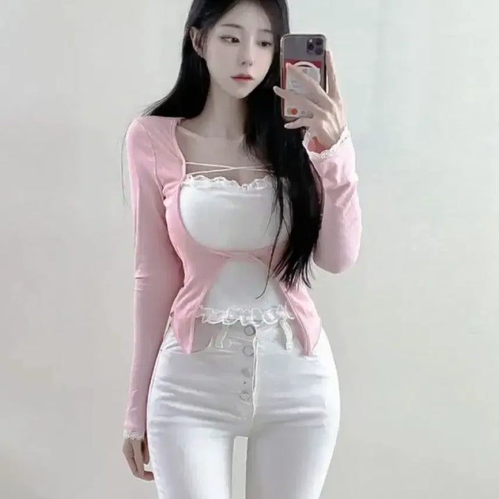 [BUNJANG] Cap Sleeves Lace Layered Tank Top Cardigan / 캡나시 레이스 레이어드 나시 가디건 티