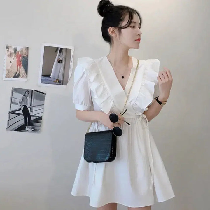 [BUNJANG] Frill Ribbon Puff Blouse Dress / 프릴 리본 퍼프 블라우스 원피스