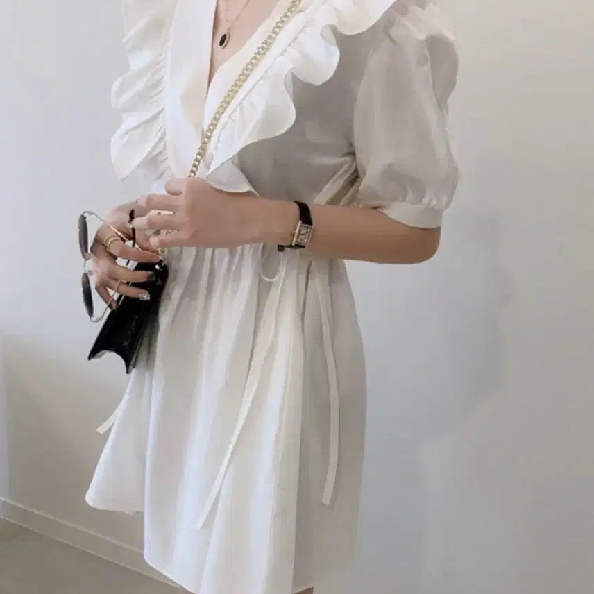 [BUNJANG] Frill Ribbon Puff Blouse Dress / 프릴 리본 퍼프 블라우스 원피스