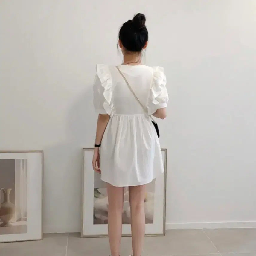 [BUNJANG] Frill Ribbon Puff Blouse Dress / 프릴 리본 퍼프 블라우스 원피스