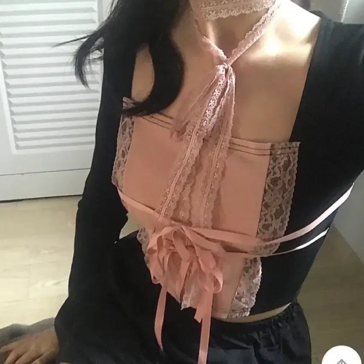 [BUNJANG] Balletcore Lace Top &amp; Scarf Tie Set / 발레코어 레이스 티 + 스카프 타이 set