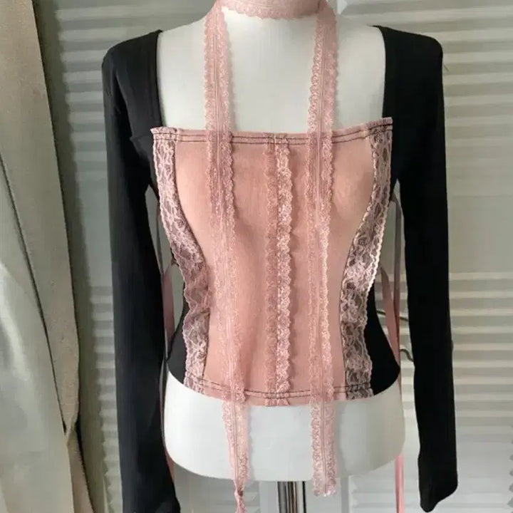 [BUNJANG] Balletcore Lace Top &amp; Scarf Tie Set / 발레코어 레이스 티 + 스카프 타이 set