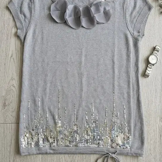 [BUNJANG] Ruum Sequin Embellished Knit Top Gray / 로엠  반팔 니트 스팽글 장식 그레이