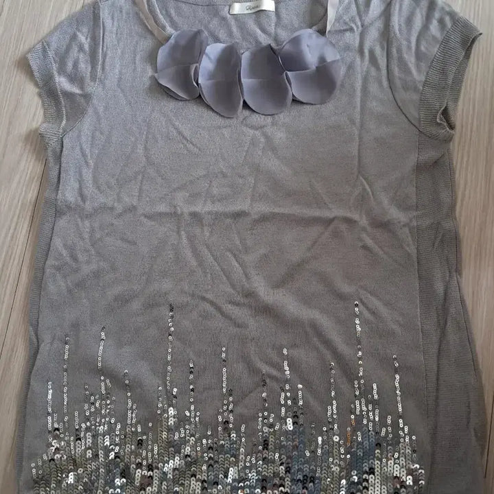 [BUNJANG] Ruum Sequin Embellished Knit Top Gray / 로엠  반팔 니트 스팽글 장식 그레이