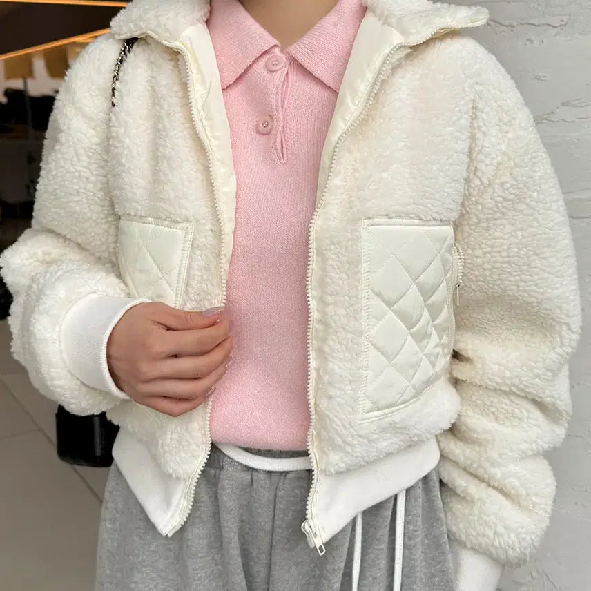 [BUNJANG] Women's White Fur Jacket / 양털집업 여성후리스점퍼 누빔포켓 하이넥 화이트퍼자켓