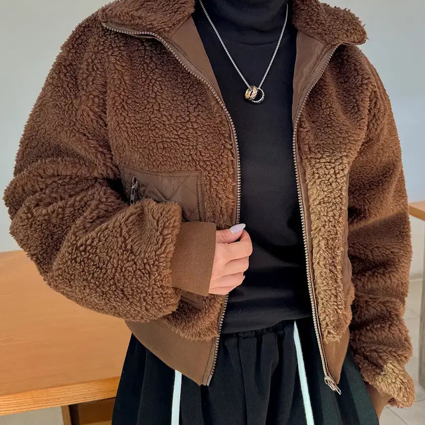 [BUNJANG] Women's White Fur Jacket / 양털집업 여성후리스점퍼 누빔포켓 하이넥 화이트퍼자켓